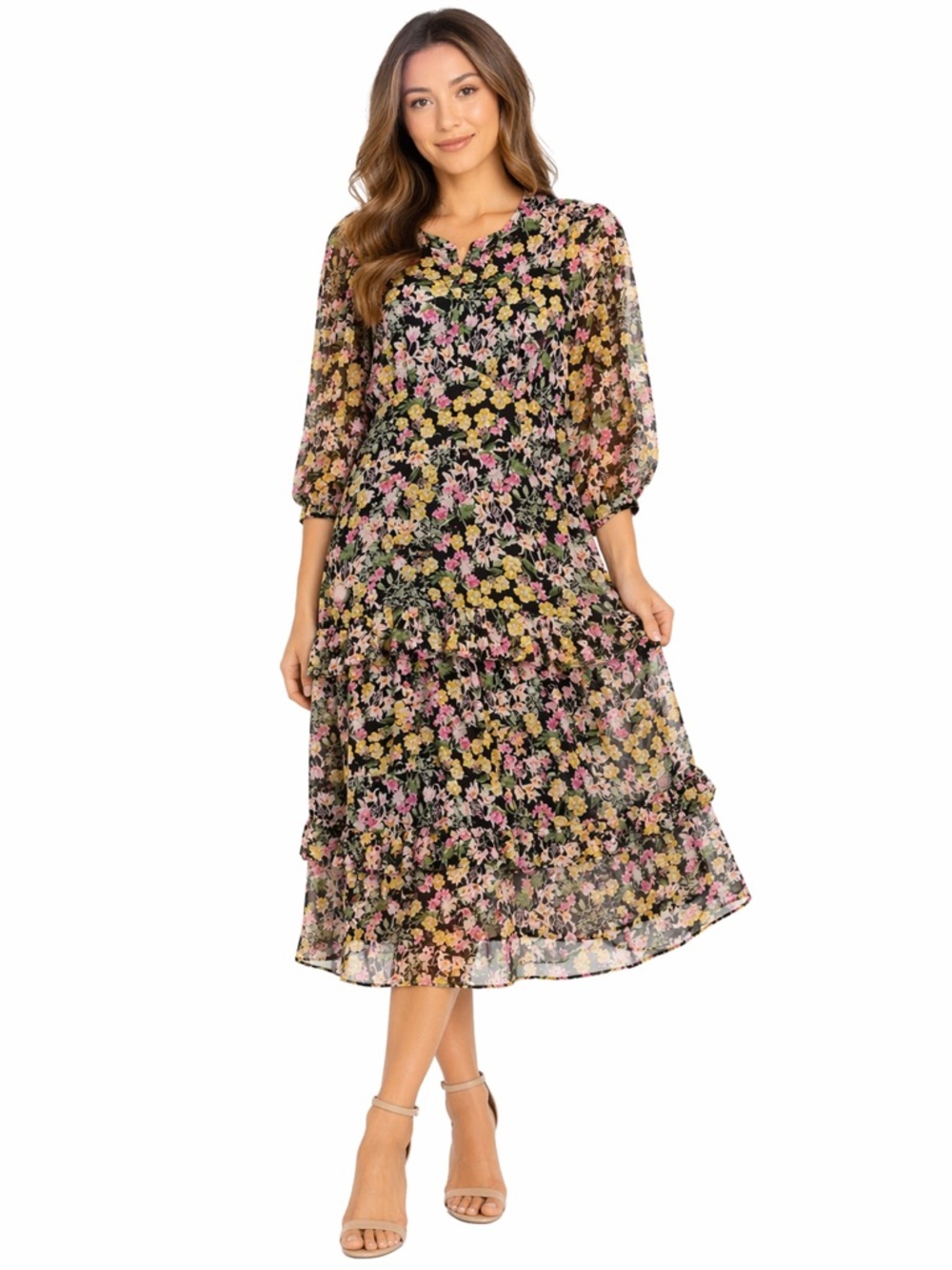 Taylor size 8 Floral Tiered Midi Dress in Black and Pink